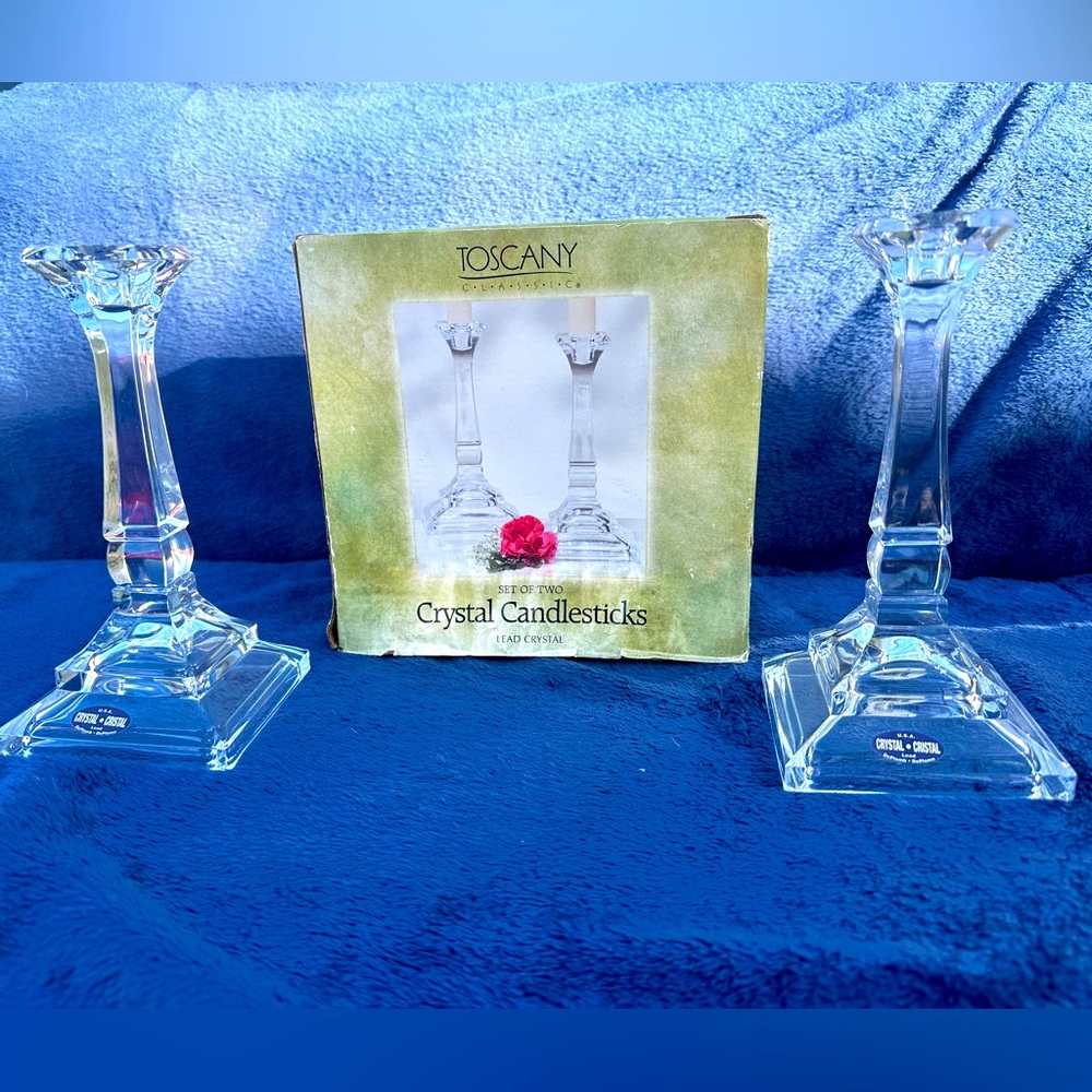 Toscany St. George 24% Lead Crystal 8" Candlesticks USA Cut Glass vintage